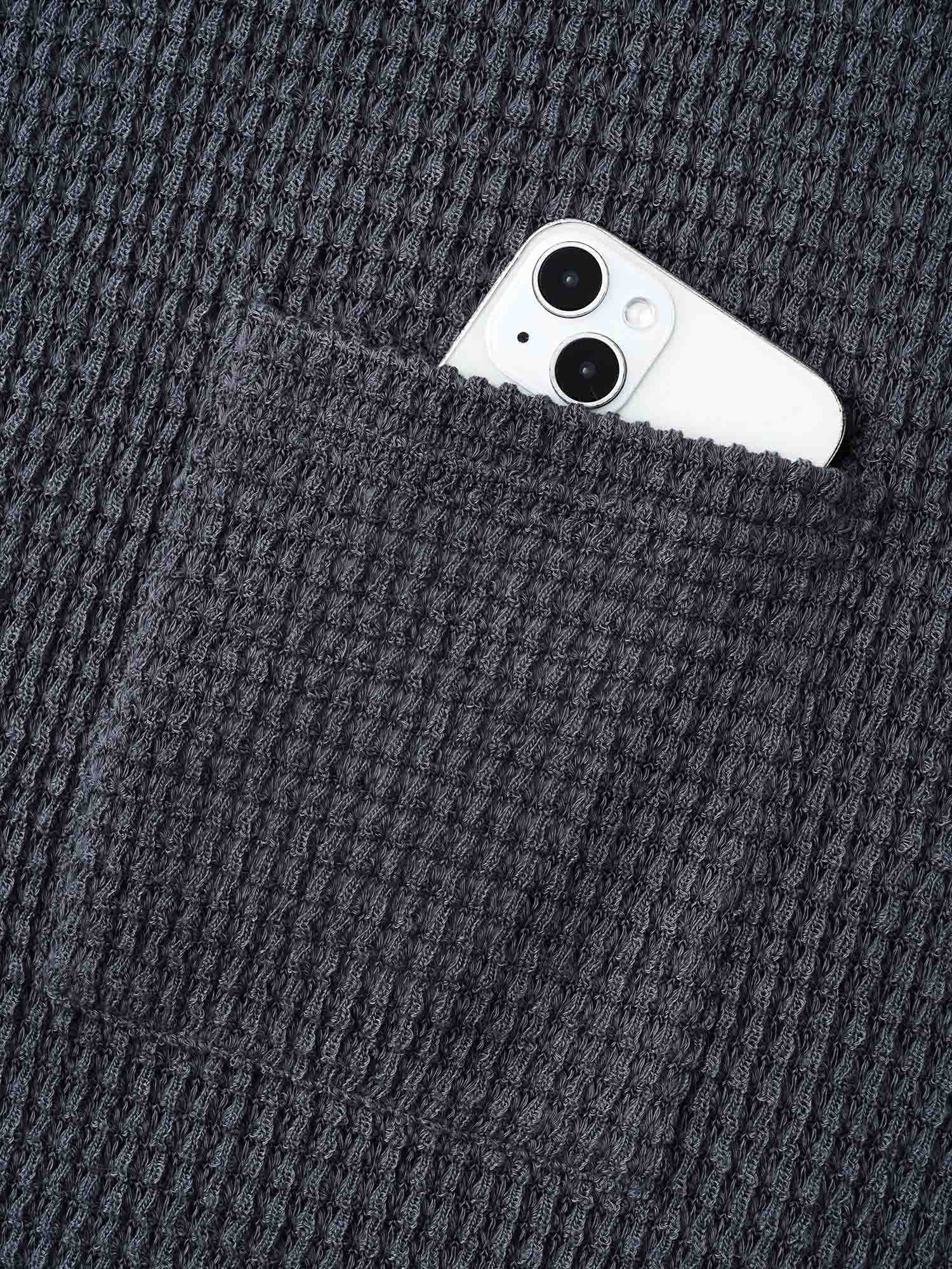 Round Neck Waffle Knit Patched Pocket Top