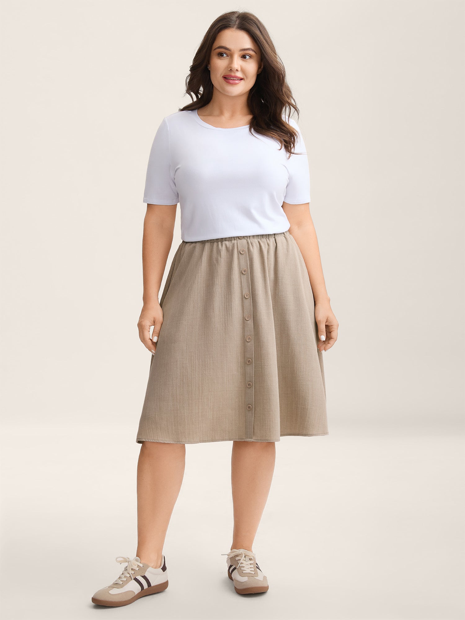 Button Detail Textured A-Line Midi Skirt