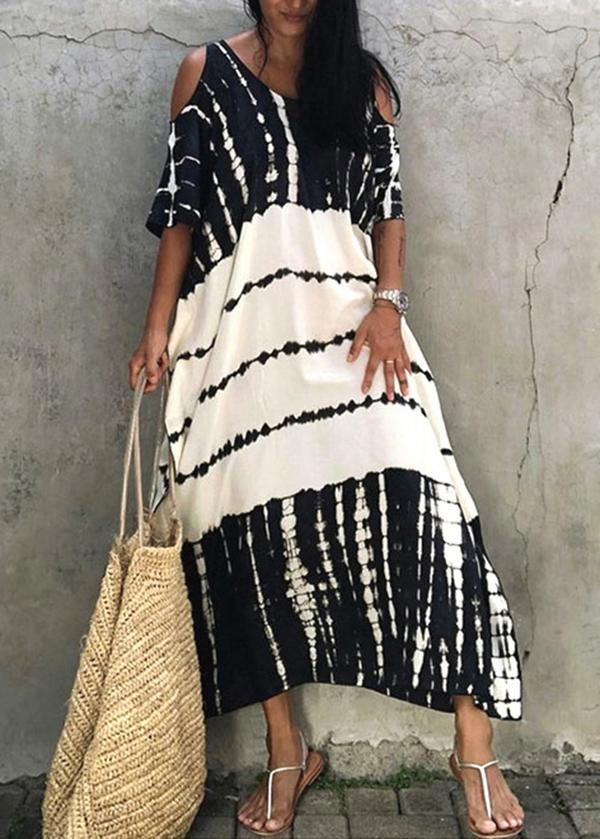 French Black White Tie Dye Cold Shoulder kimono Robe  Cotton Dress