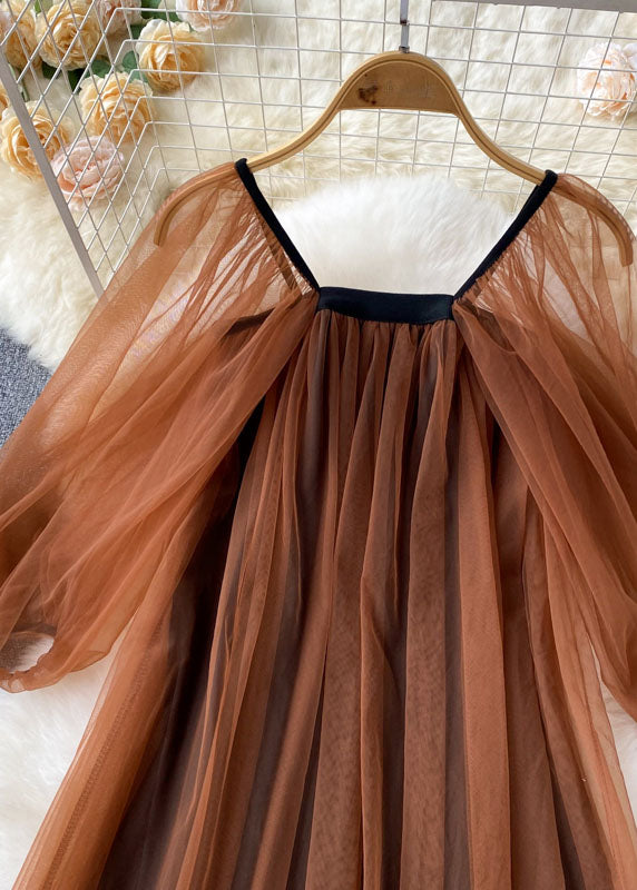 Coffee Square Collar Wrinkled Patchwork Tulle Dresses Lantern Sleeve