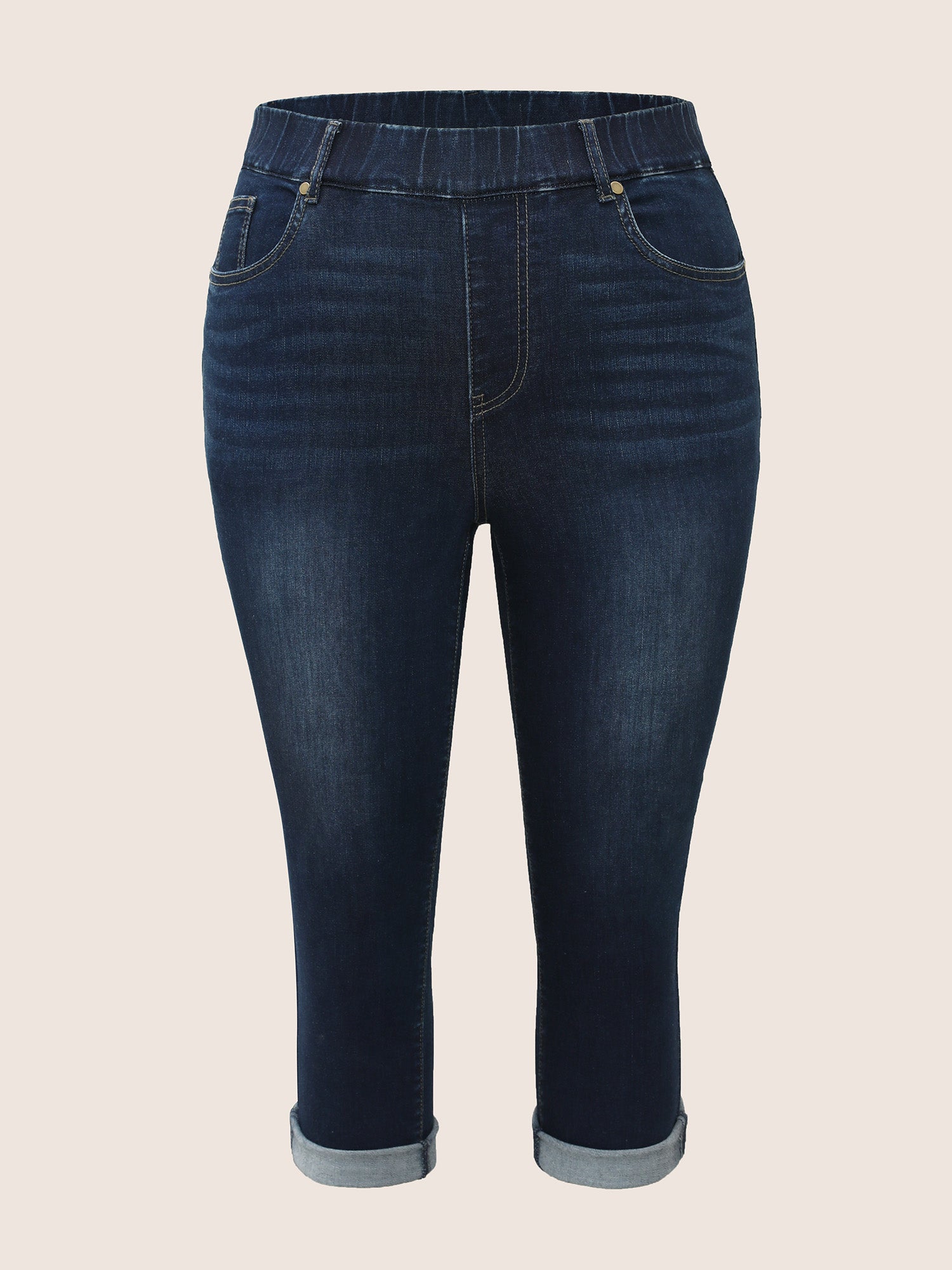 Dark Wash Elastic Waist Roll Hem Jeans