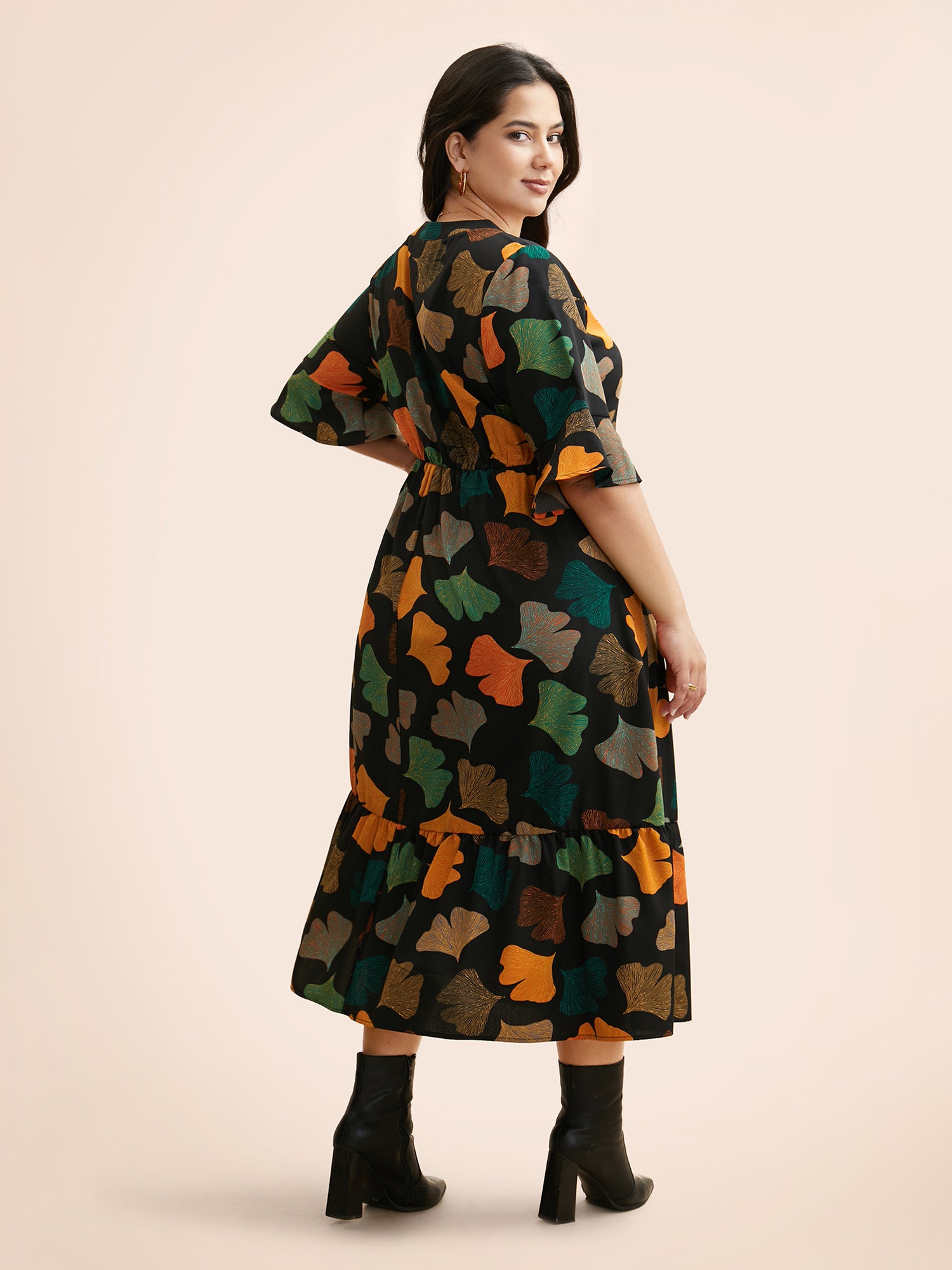 Floral Print Notched Ruffle Sleeve Dress