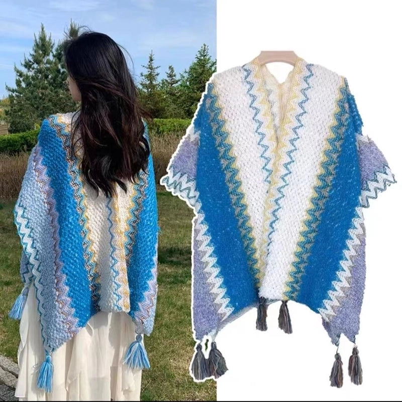 Travel Outside Knitted Shawl Ethnic Style Vintage Cape Cloak Tassel Scarf For Vacation Wear