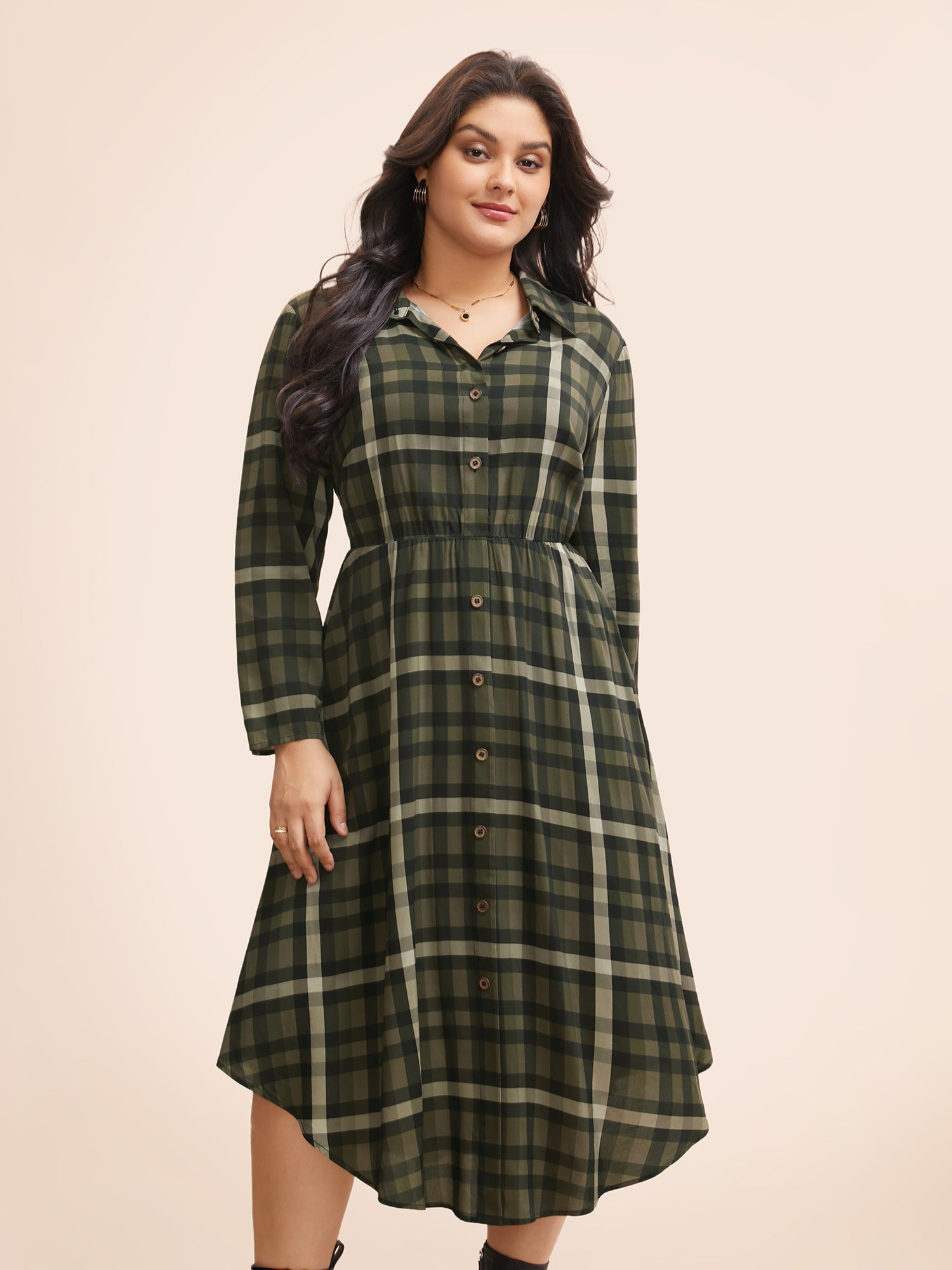 Plaid Shirt Collar Curved Hem Dress