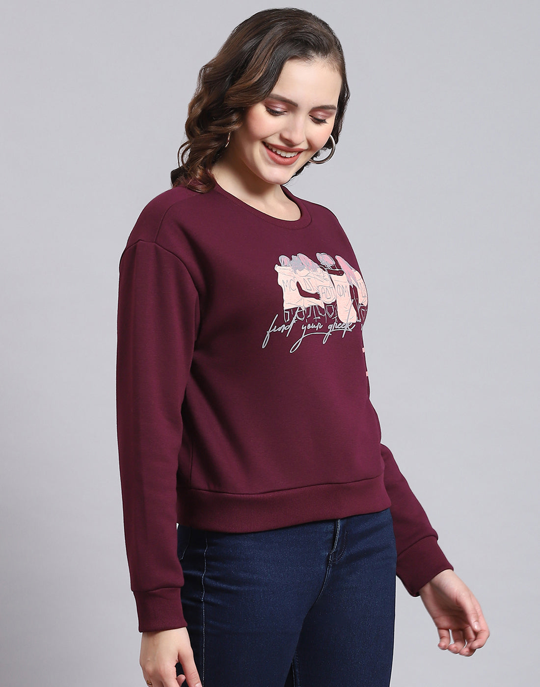 Women Maroon Printed Round Neck Full Sleeve Sweatshirt