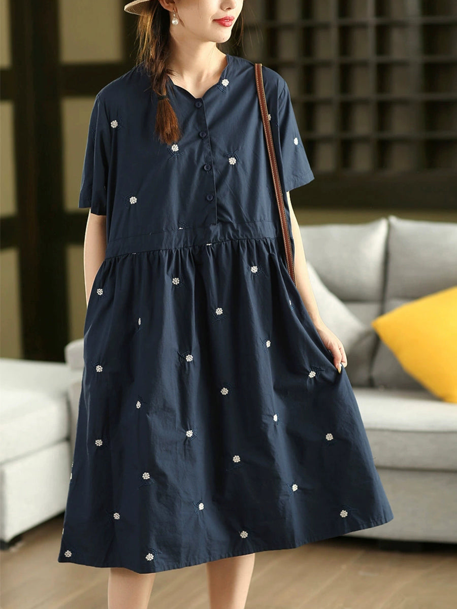 Women Summer Artsy Flower Embroidery V-Neck Cotton Dress