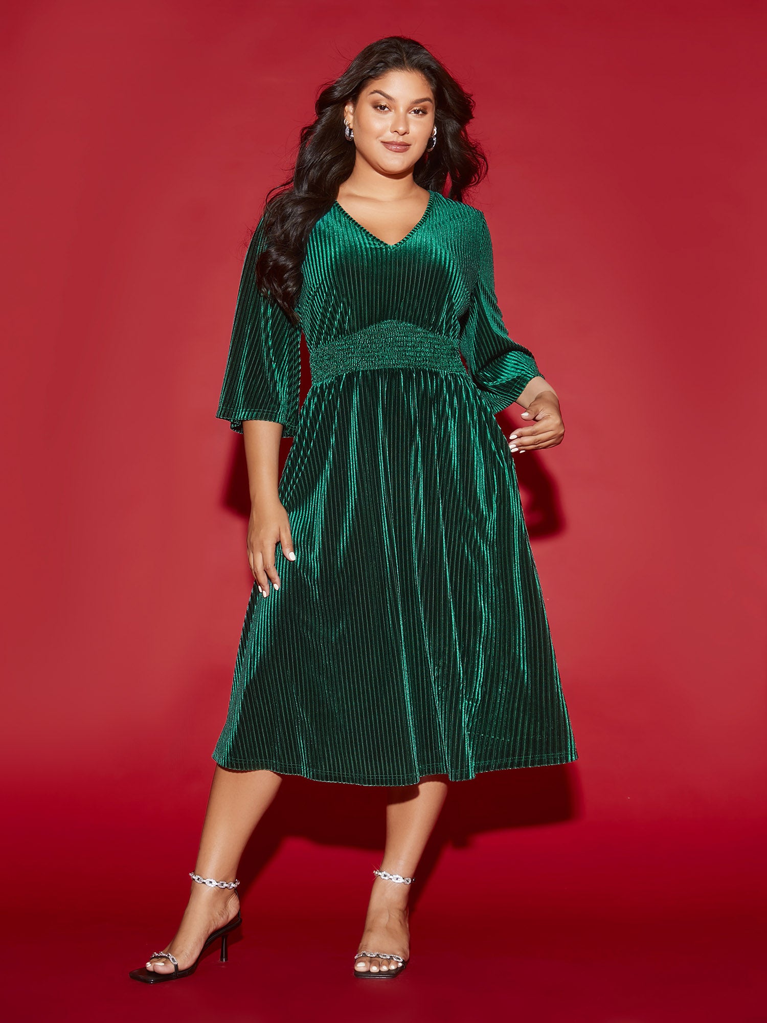 Velvet V-neck Ruched Skirt Midi Dress