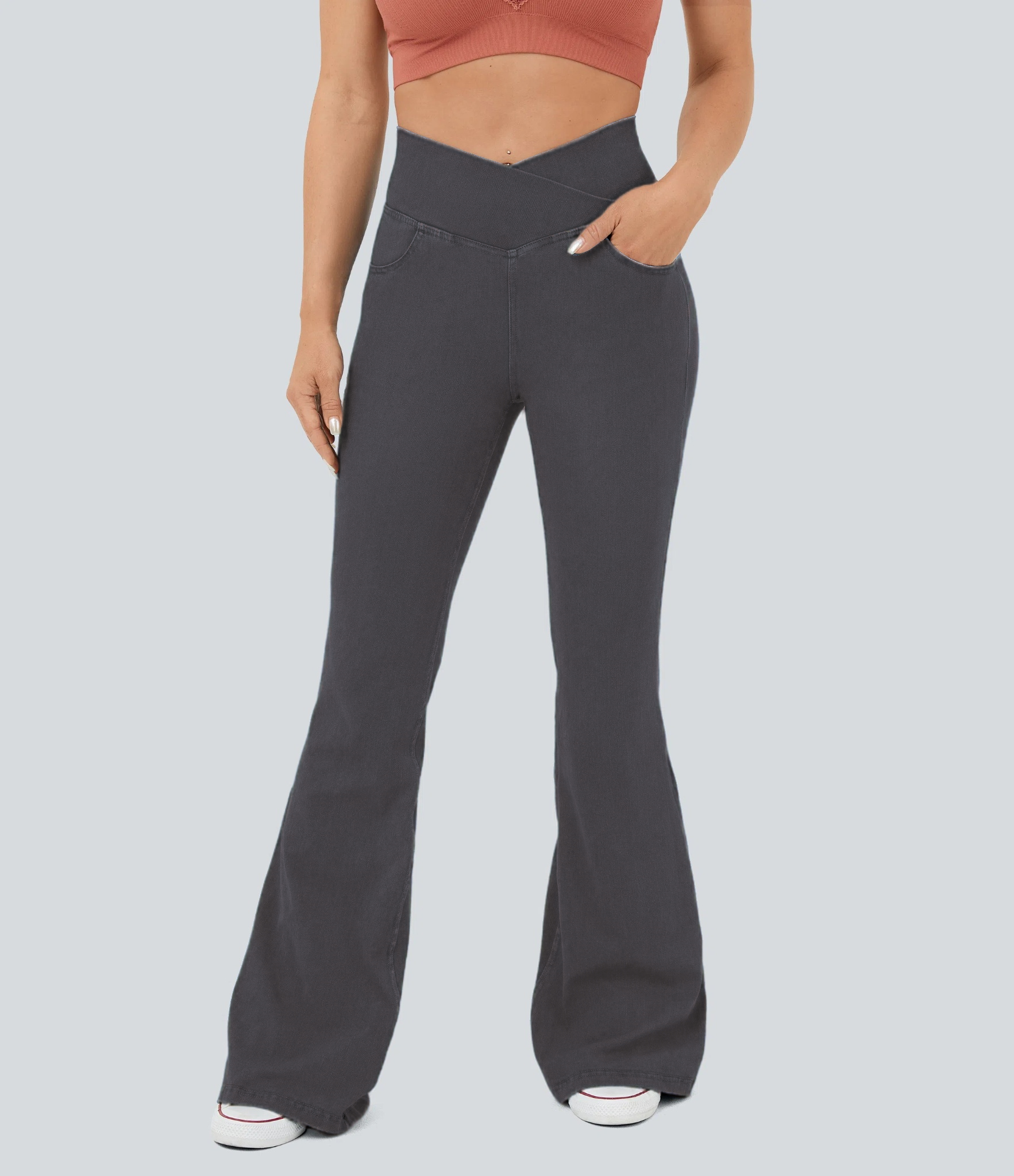 ⚡8 Packs for $25.95⚡- High Waisted Crossover Pocket Washed Stretchy Knit Casual Super Flare Jeans