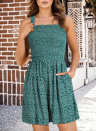 Women's Summer Square Neck Sleeveless Loose Casual Short Smocked Romper