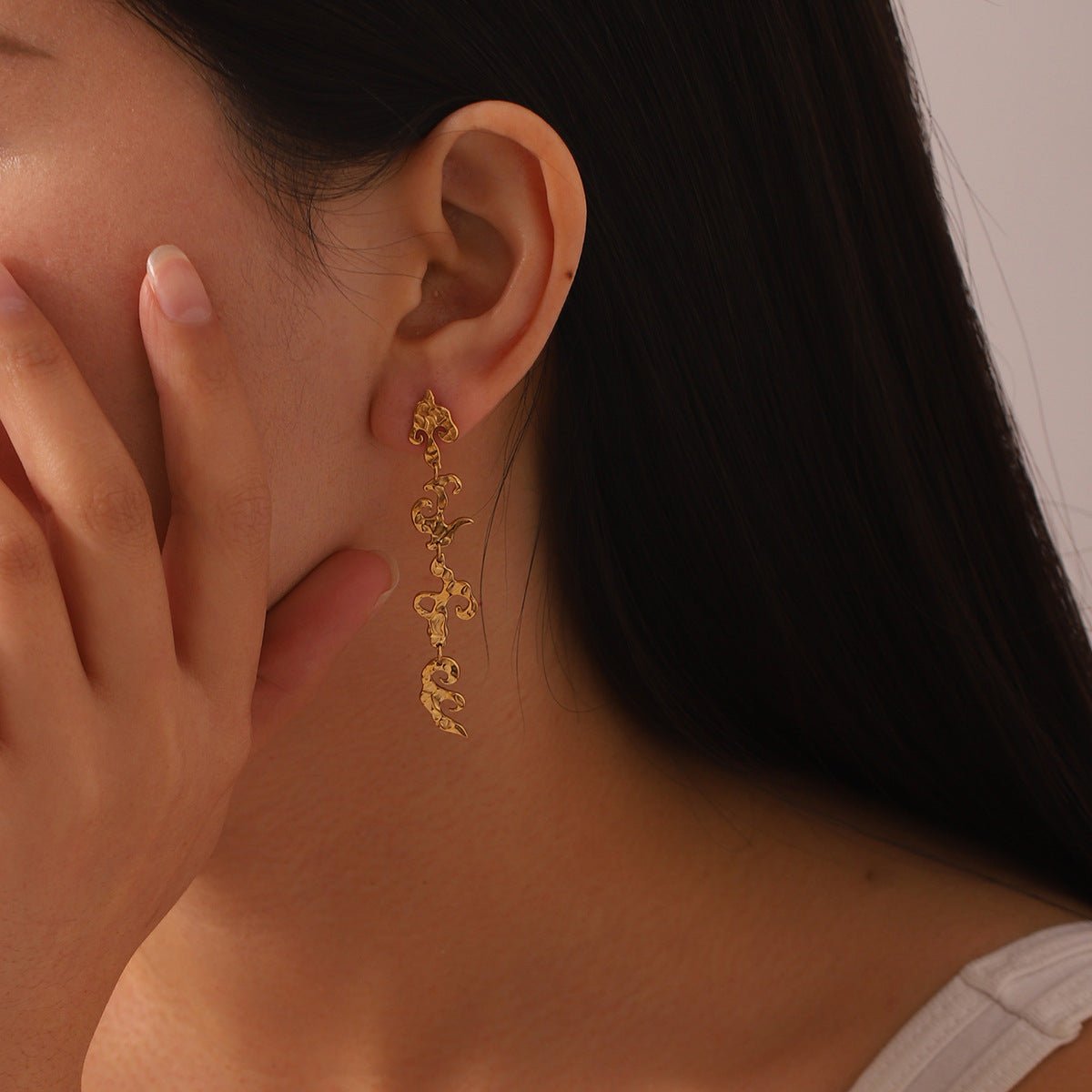 Stainless Steel Earrings Niche Design Hammer Pattern Flame Tassel Earrings Female Earrings
