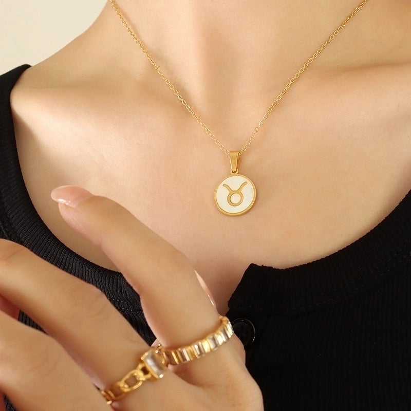 Retro Constellation 304 Stainless Steel Shell 18K Gold Plated Inlay Pendant Necklace