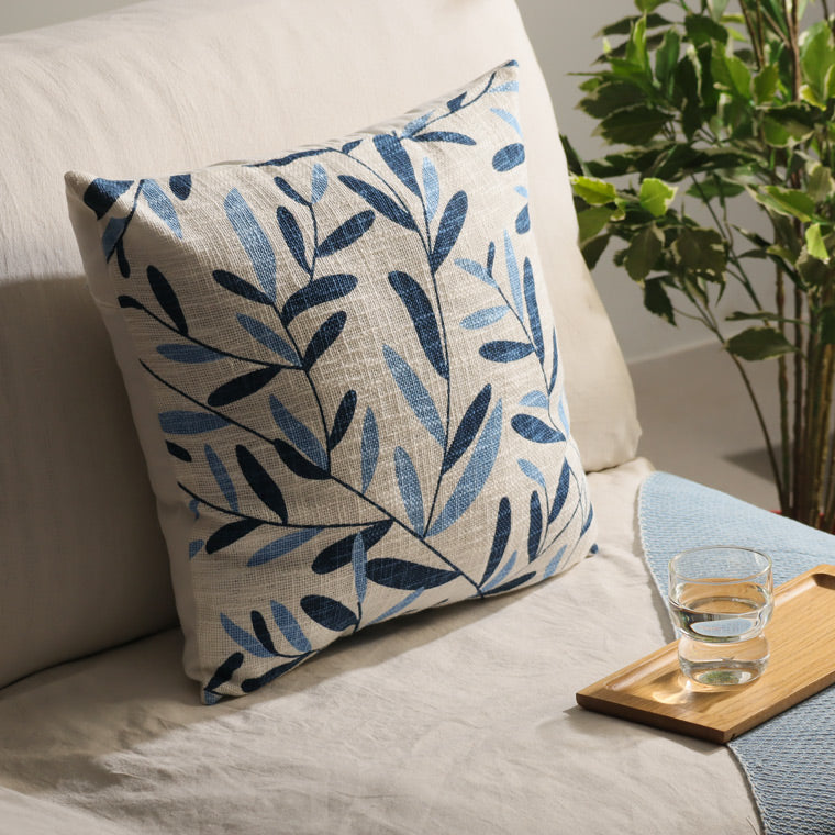 Ivy Printed Cotton Cushion Cover - Blue White