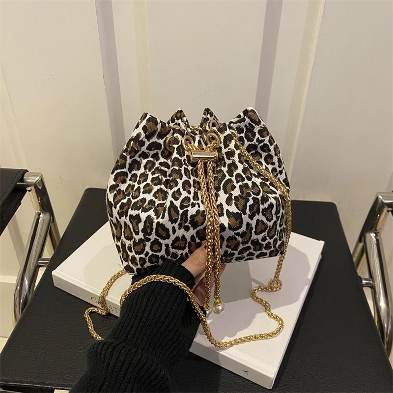 Women's Cloth Leopard Basic Vintage Style Bucket String Shoulder Bag Crossbody Bag