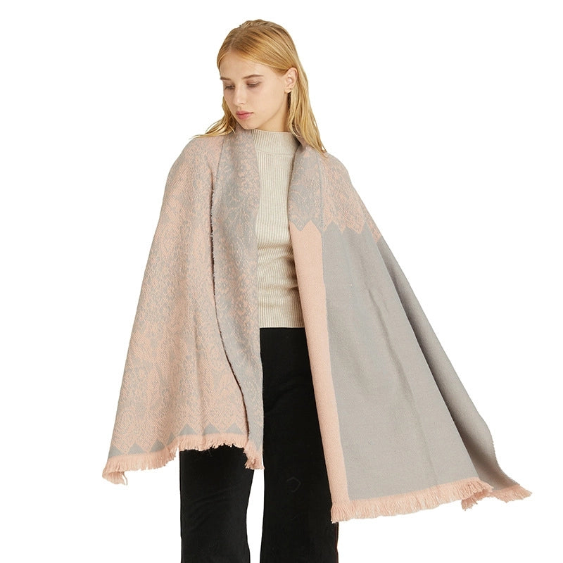 Niche Warm High-grade Scarf Women's Solid Color Cashmere Versatile Lace Stitching Dual-purpose Scarf