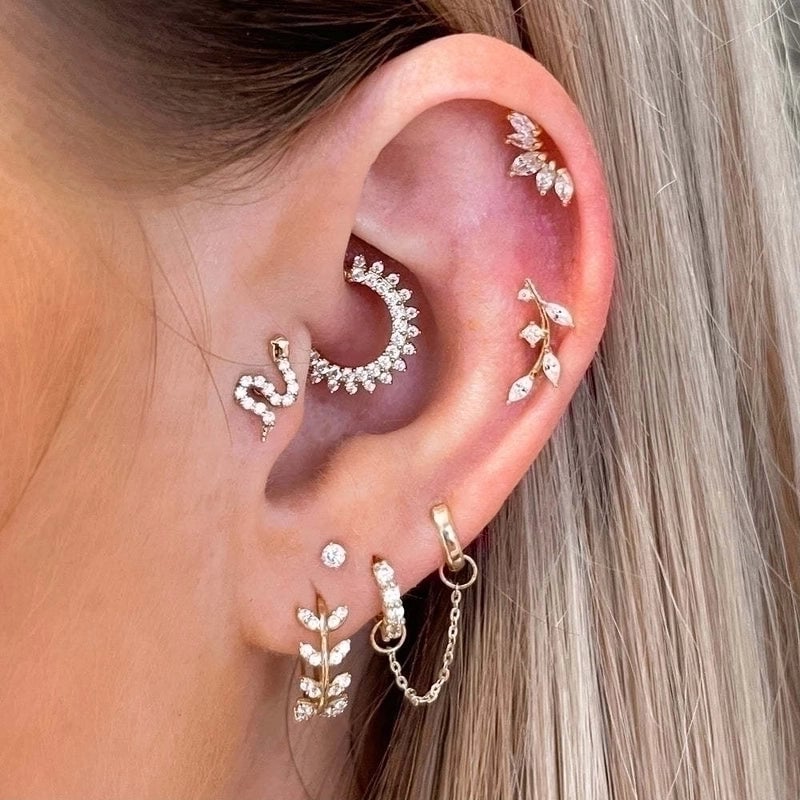 1 Piece Minimalist Leaf Inlay Copper Zircon Ear Studs