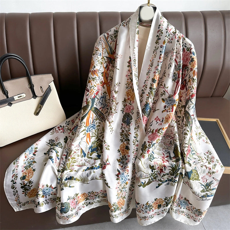 Elegant Small Floral Large Size Shawl High-grade Printed Silk Scarf Imitation Silk Scarf New Long Scarf Thin Li Brocade Satin