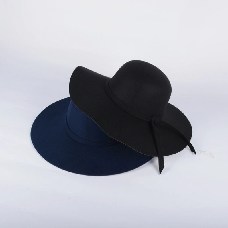 Black Retro Big Brim Hat Woolen Hat Female Autumn And Winter Trendy Casual Dome Top Hat Female