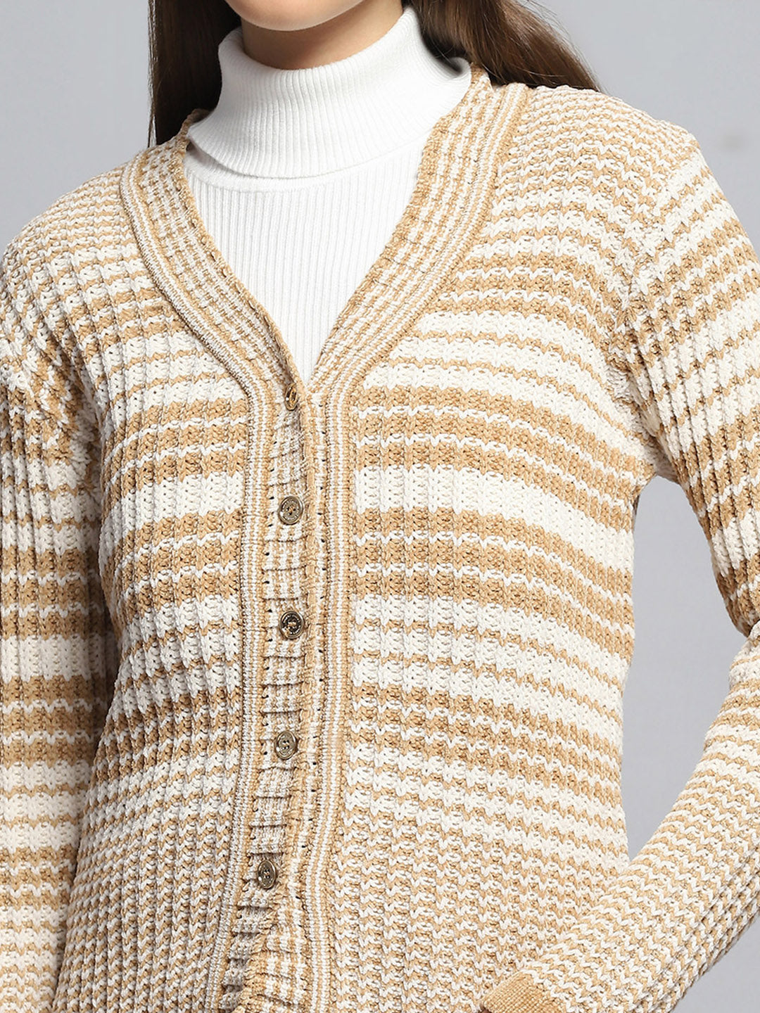 Women Beige Stripe V Neck Full Sleeve Cardigan