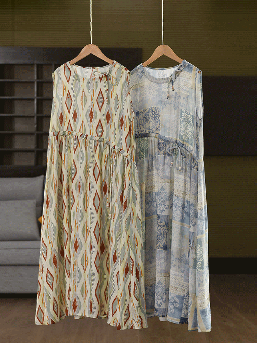 Women Summer Vintage Rhomboids O-Neck Ramie Vest Dress