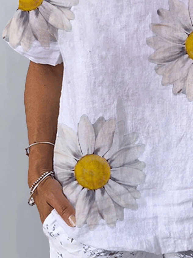 Woman Casual Sunflower Floral V Neck Short Sleeve Summer T-Shirt