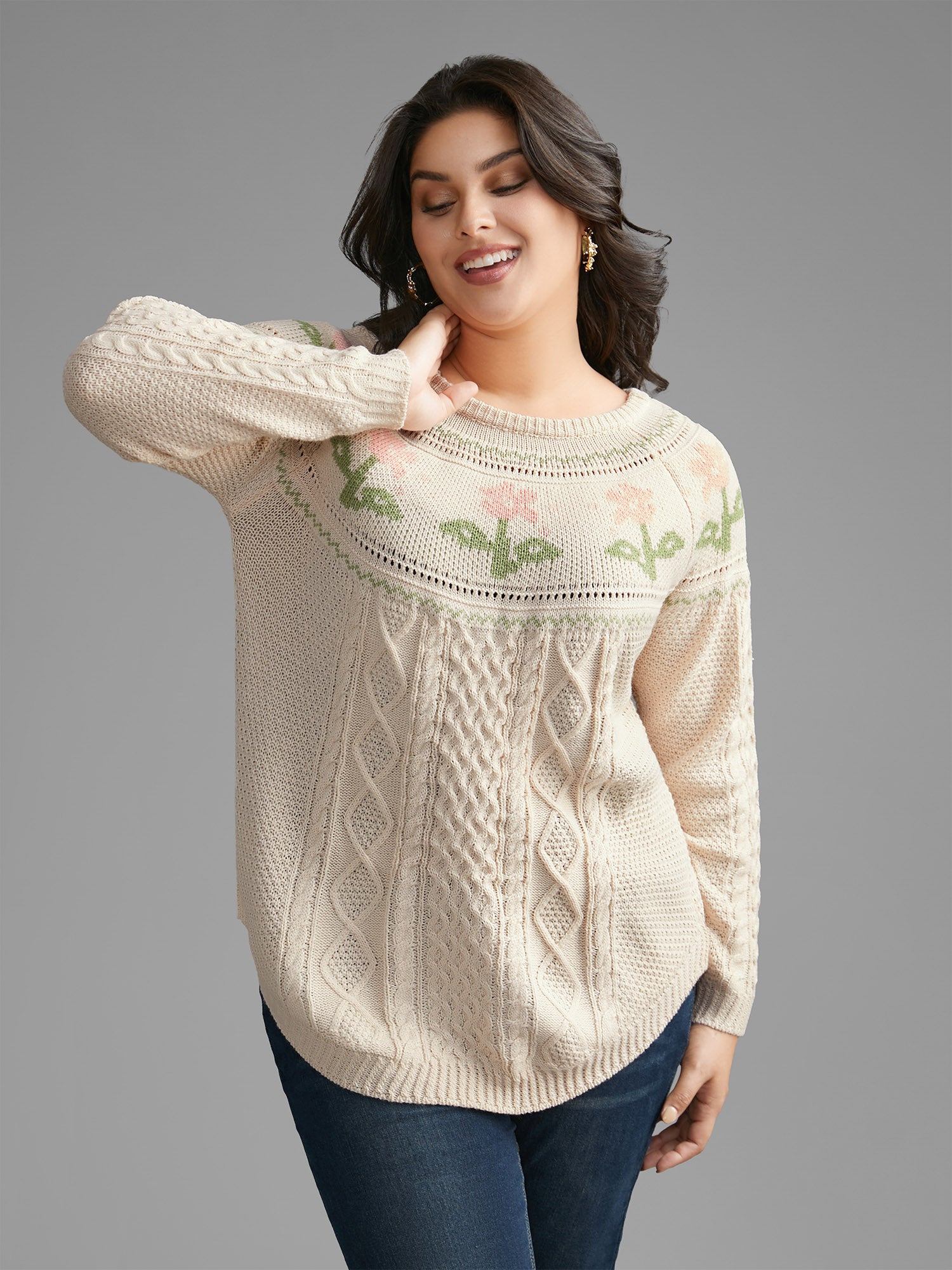 Floral Jacquard Raglan Sleeve Pullover