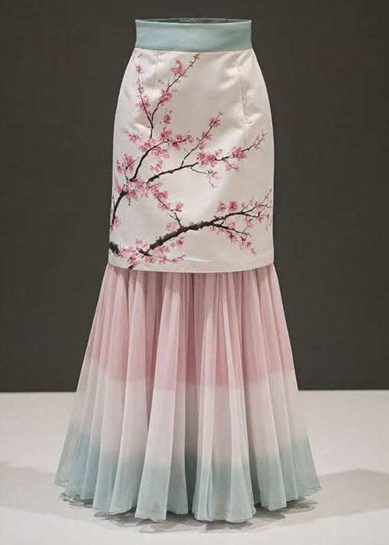 Fashion Pink Print False Two Pieces Chiffon Patchwork Skirts Summer