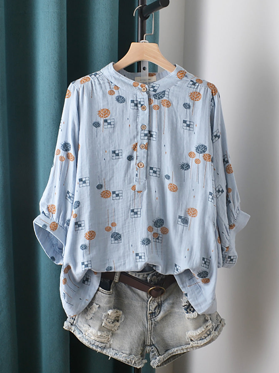Women Summer Casual Print Stand Collar Cotton Shirt