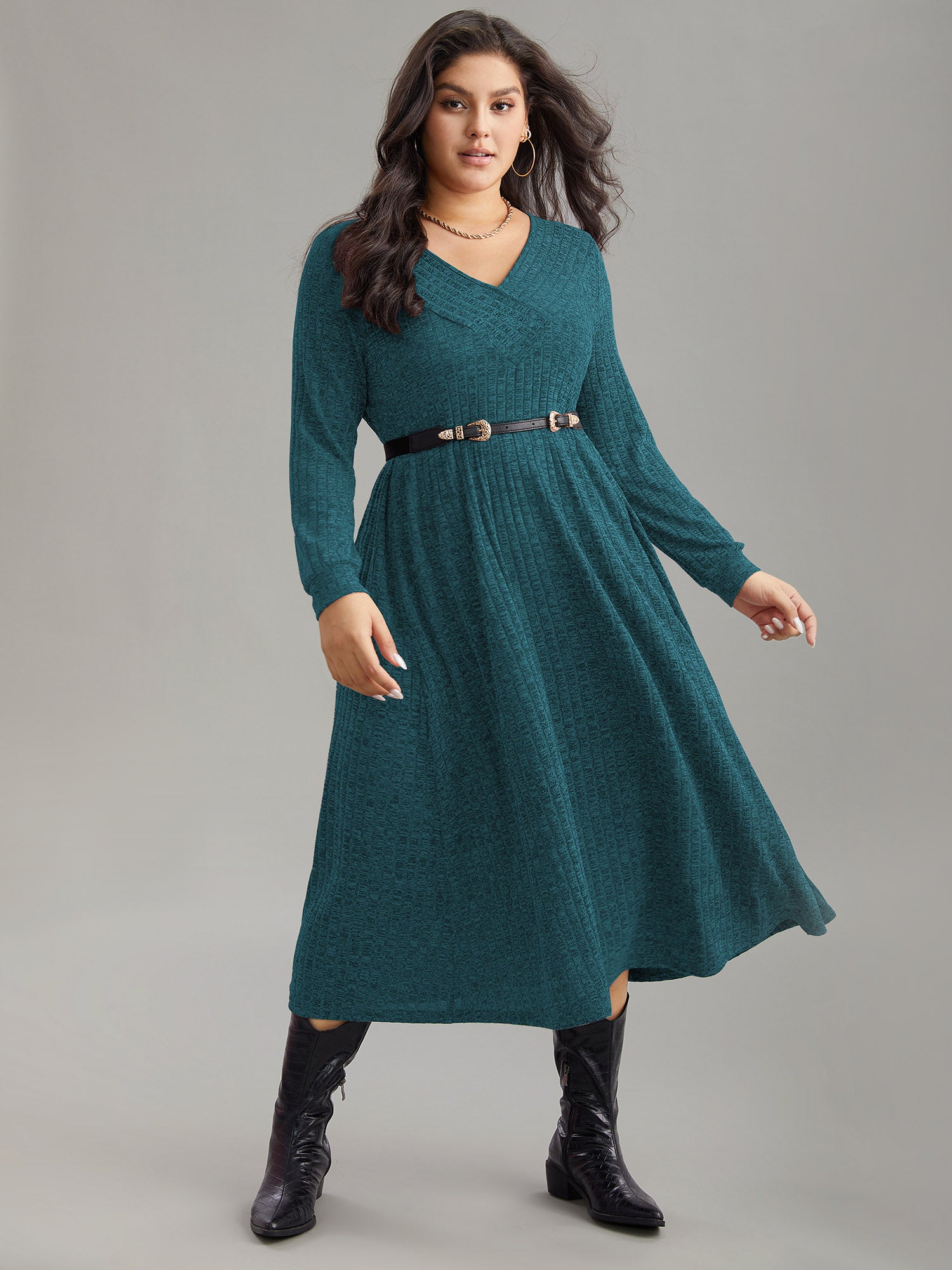 Rib Knit Plain Plisse Long Sleeve Dress