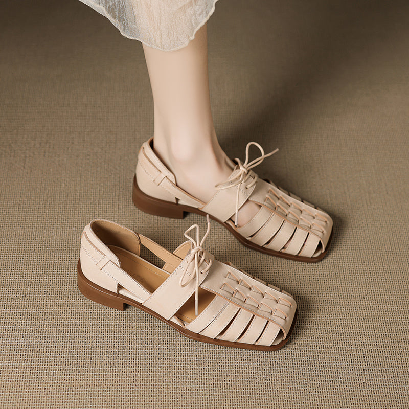 Designer Lace-Up Genuine Leather T-Strap Gladiator Fisherman Sandals for Women in Apricot/Black