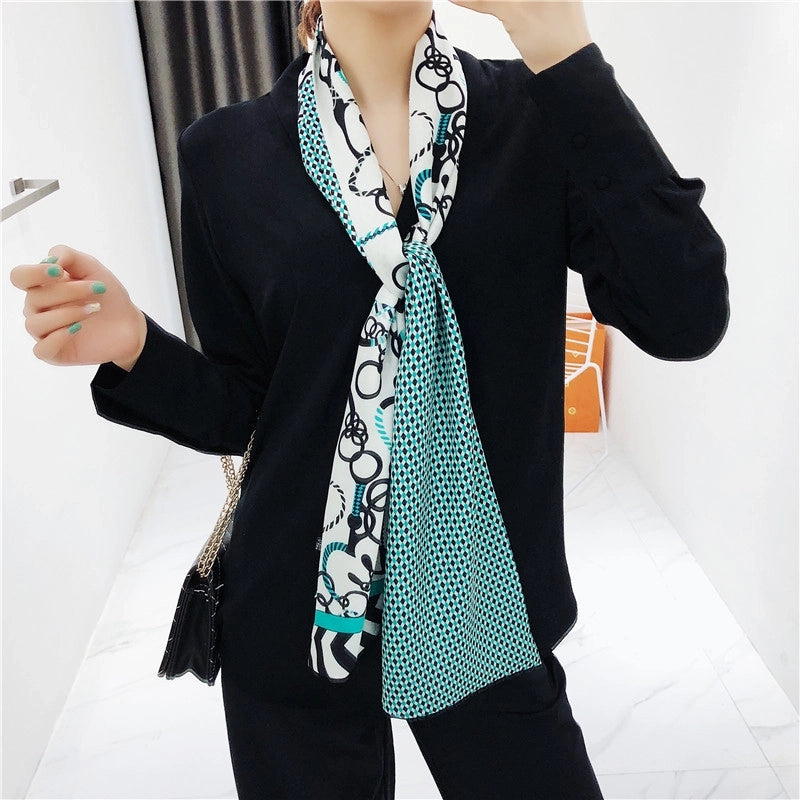 New Rope Belt Chain Double-layer Printing Silk Scarf Twill Long Silk Scarf Headscarf