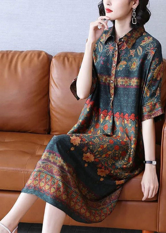 Peter Pan Collar Print Silk Maxi Dresses Summer