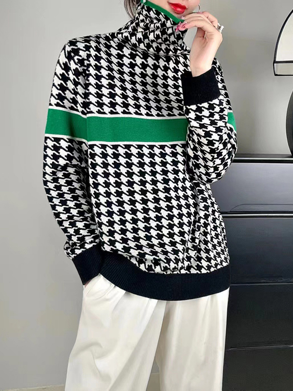 Long Sleeves Loose Contrast Color Houndstooth Split-Joint High Neck Pullovers Sweater Tops