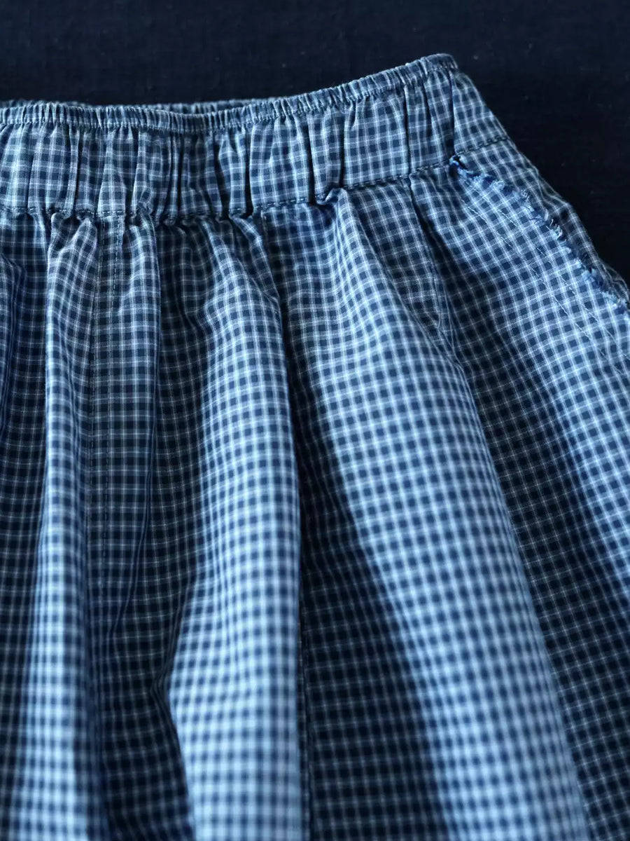Women Summer Vintage Plaid Ramie Cotton Skirt