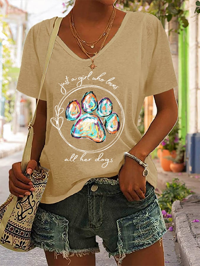 Women's Paws Just A Girl Who Loves All Her Dogs Print Casual T-Shirt