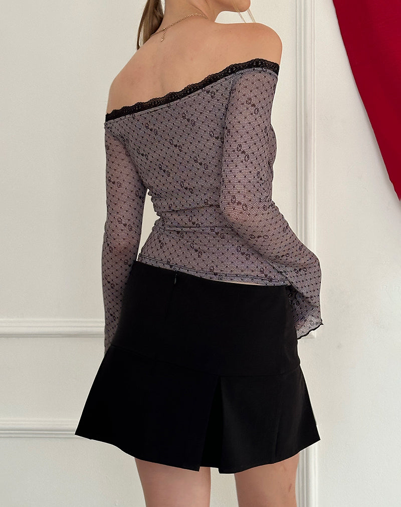 Neve Mesh Bardot Top in Queen of Heart Print