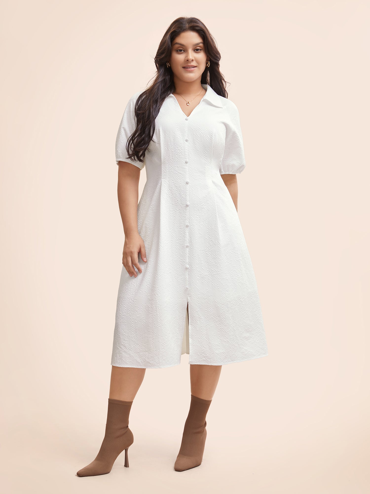 Texture Shirt Collar Button Detail Split Front Dress