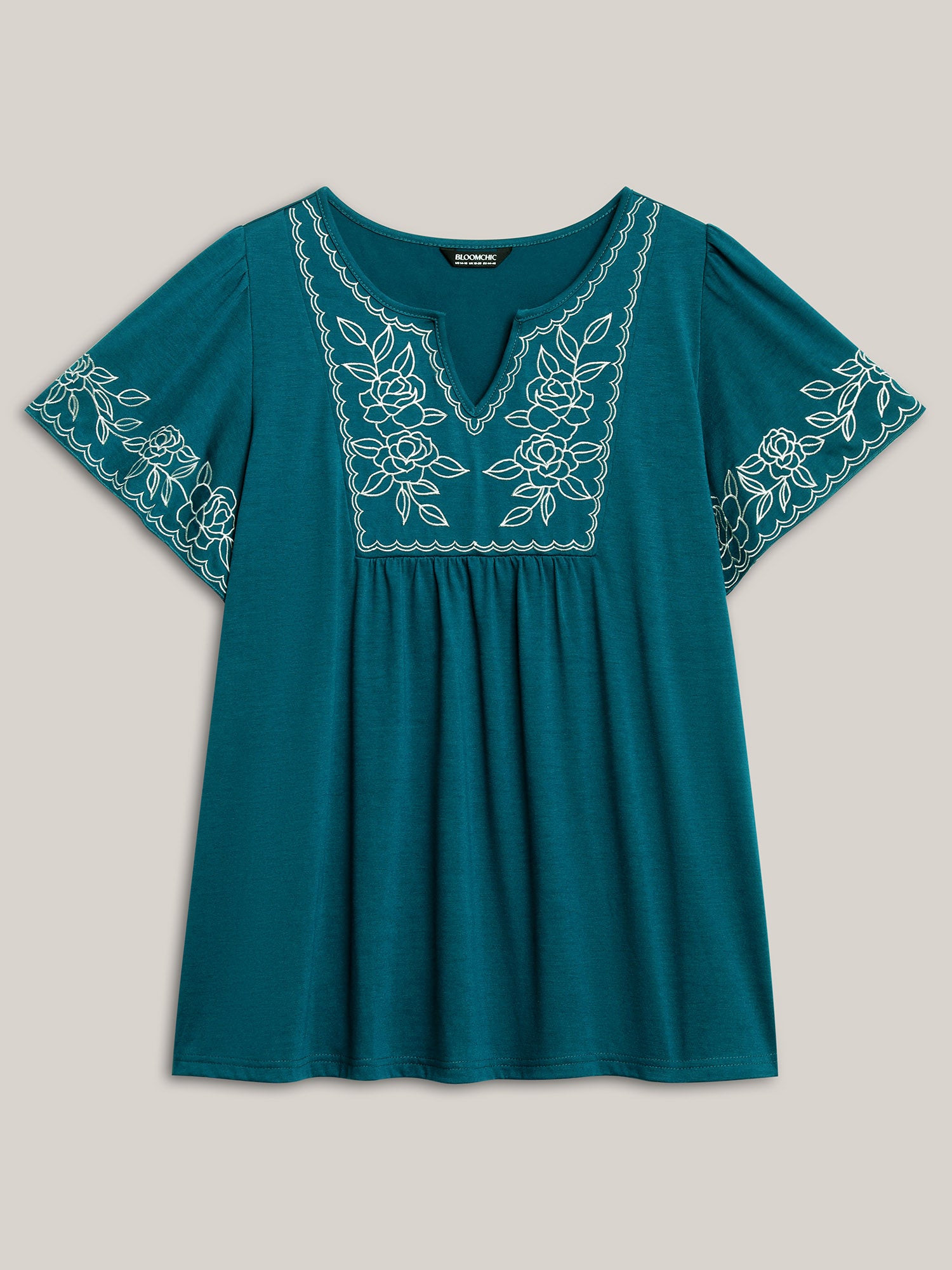 Floral Embroidery Split Neck Flowy Top