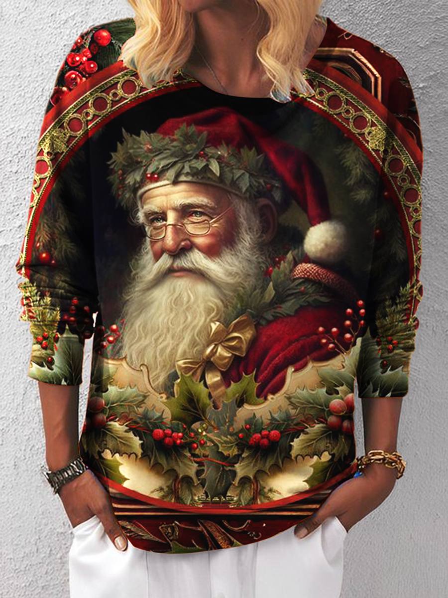 Women's Santa Print Casual Long Sleeve Top