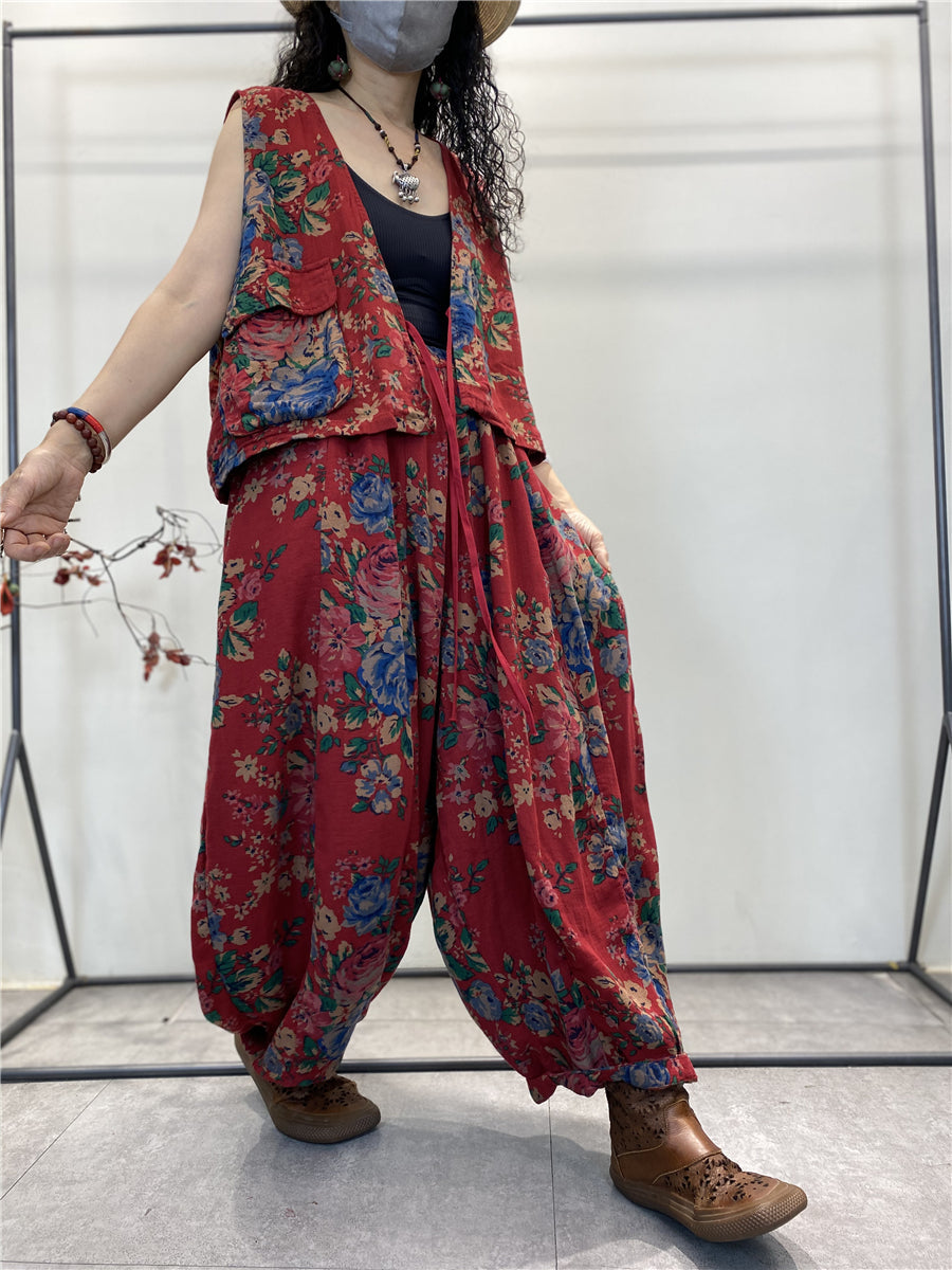 Plus Size Women Summer Vintage Floral Pocket Pants