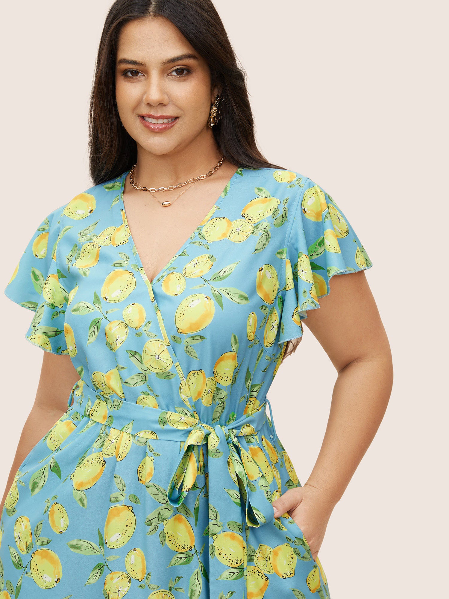 Citrus Lemon Print Ruffle Cap Sleeve Belted Dress