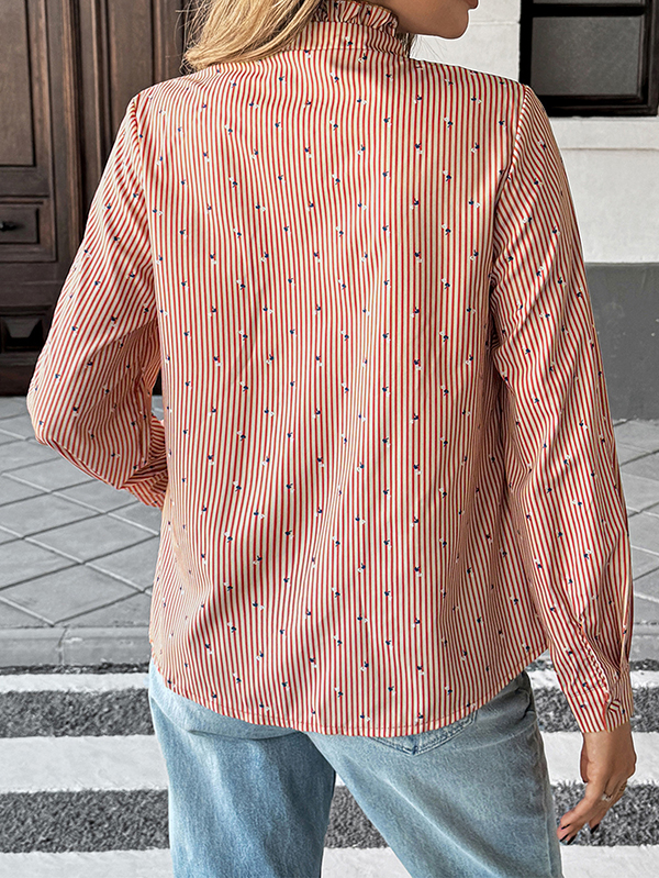 Long Sleeves Loose Buttoned Ruffle Trim Striped Mock Neck Blouses&Shirts Tops