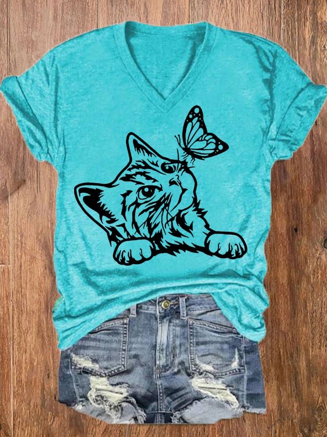 Women's Cute Cat with Butterfly Print V-Neck T-Shirt