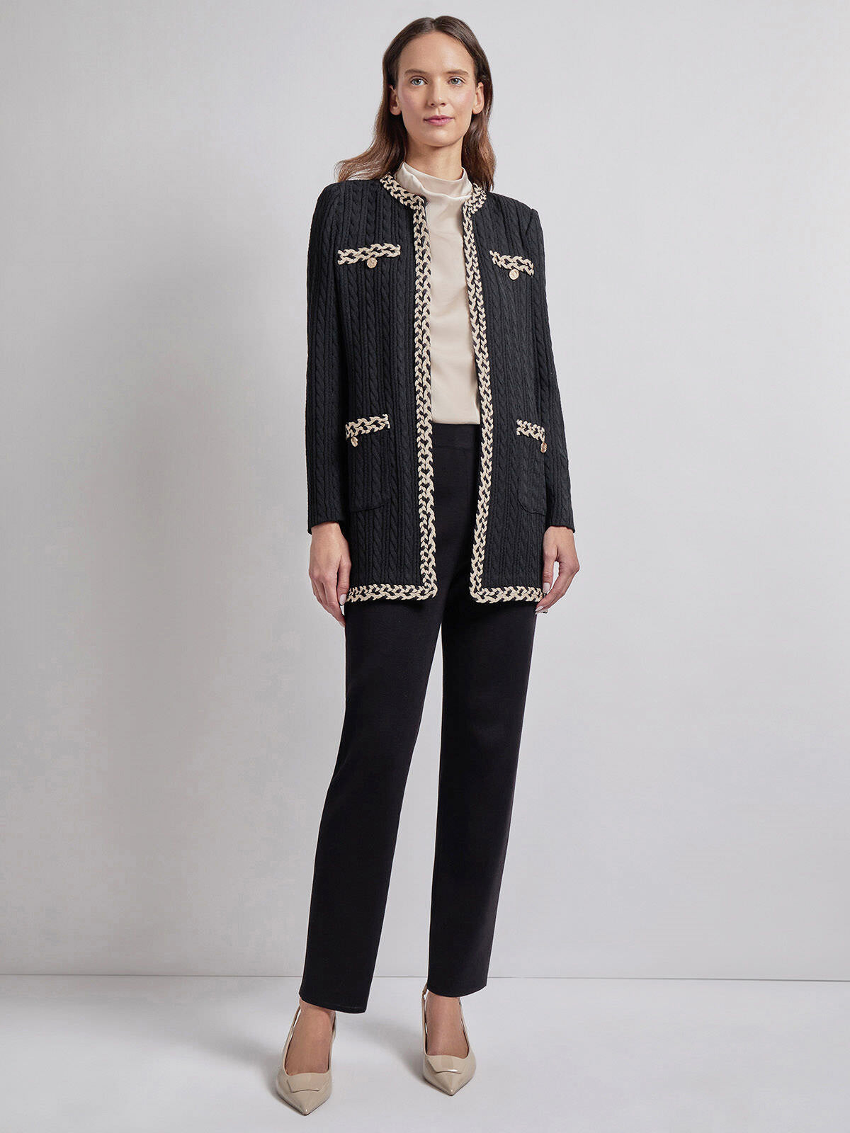 Jewel Neck Contrast Trim Cable Knit Jacket