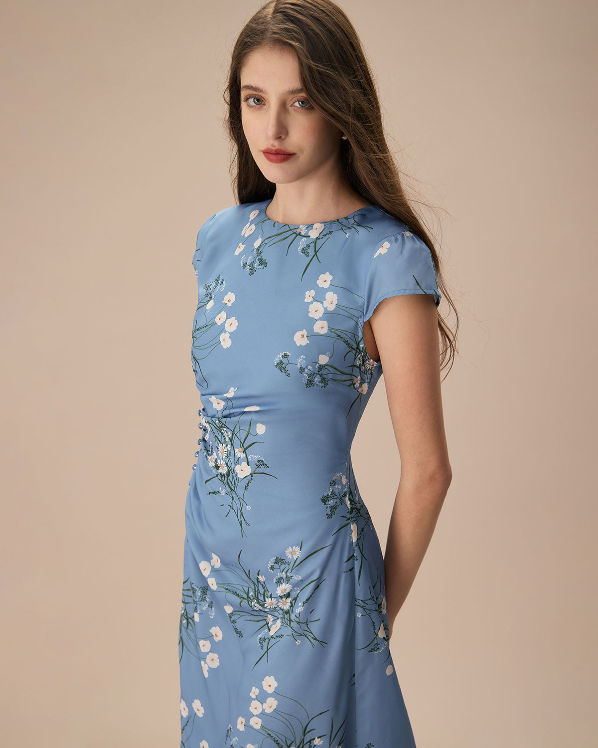 The Blue Round Neck Slit Floral Midi Dress