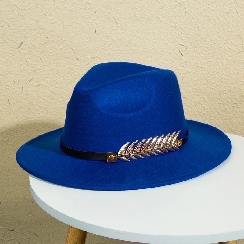 Unisex Retro Classic Style Leaves Solid Color Belt Buckle Wide Eaves Fedora Hat