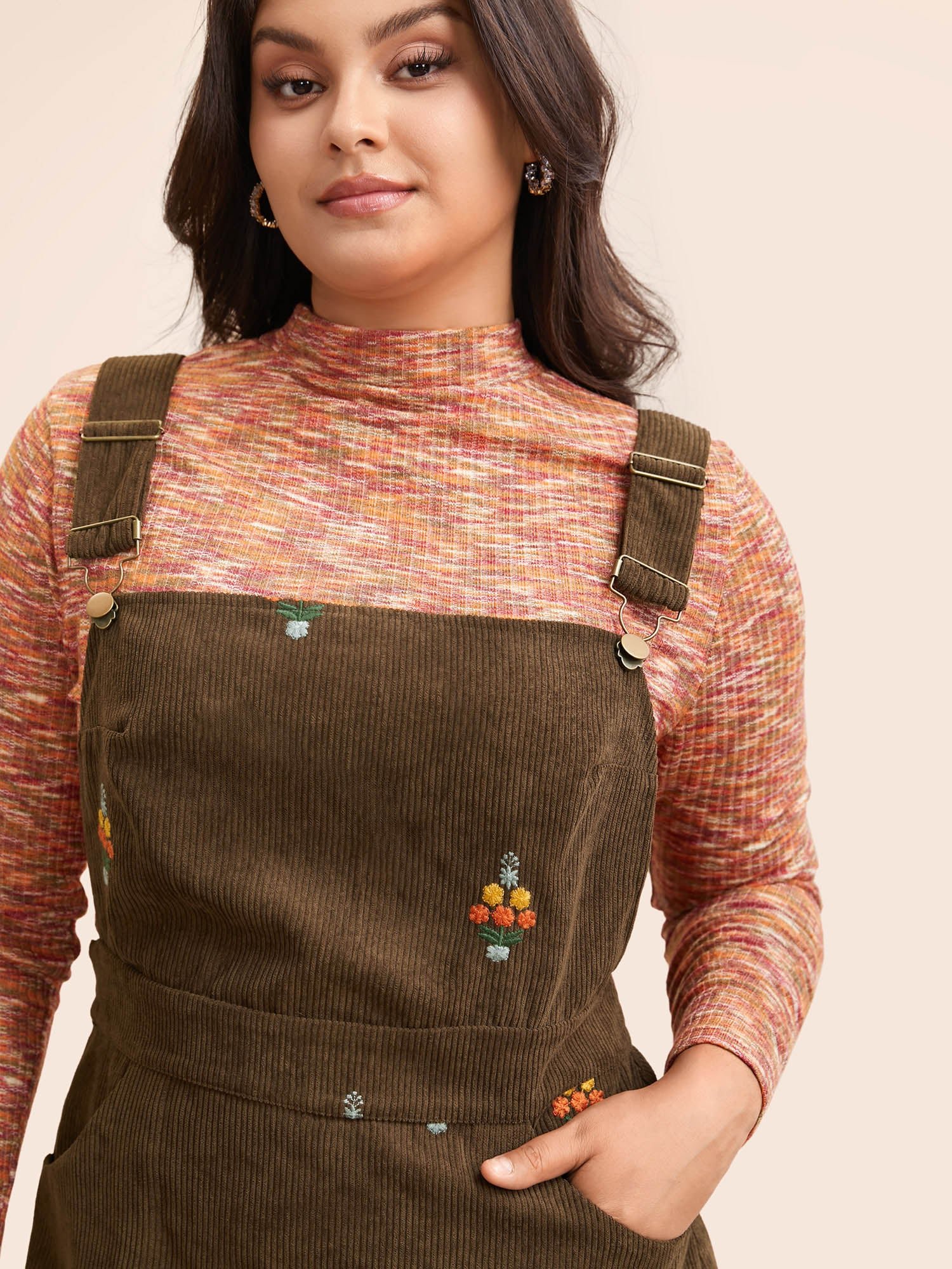 Floral Embroidered Corduroy Overall Dress