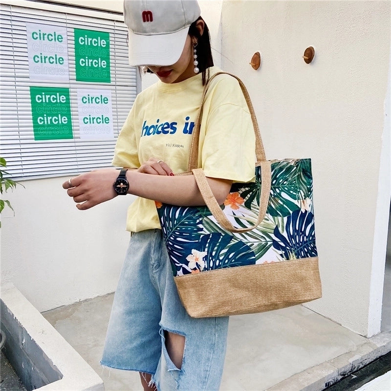 Women's Large Canvas Tropical Vacation Open Shoulder Bag