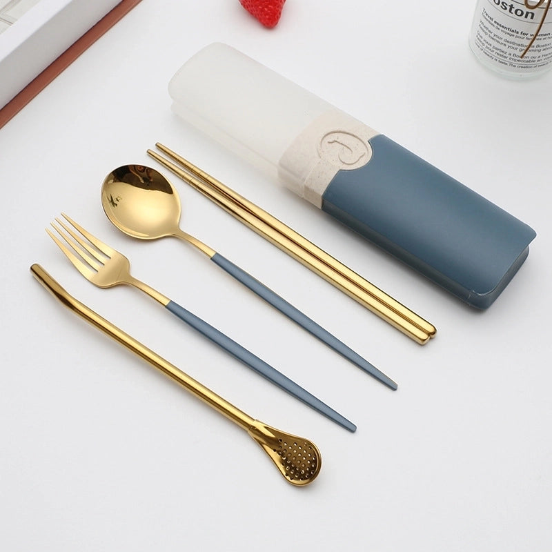 Retro Pastoral Color Block Stainless Steel Spoon Fruit Knife Fruit Fork 1 Set