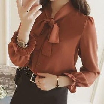 Button-Down Tie-Neck Blouse