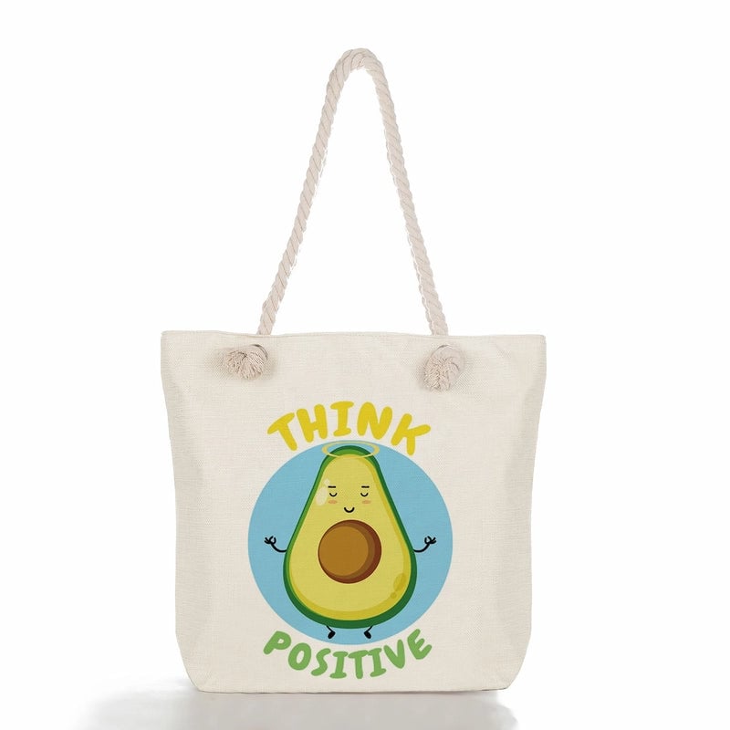 Women's Medium Linen Fruit Cute Classic Style Square Zipper Tote Bag Beach Bag
